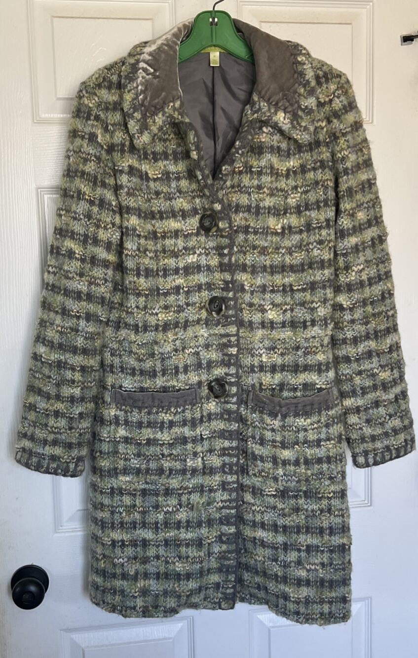 Vintage Sigrid Olsen Green Gray Plaid Tweed Wool Blend Coat Jacket Mod M